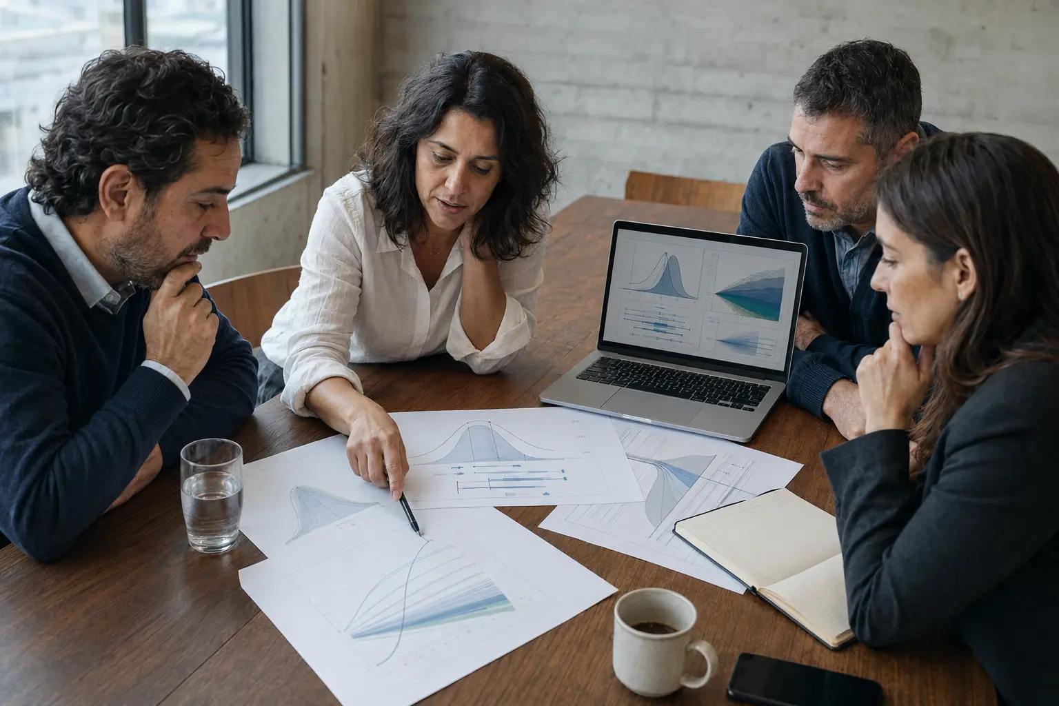 Equipo de finanzas y operaciones comparando escenarios de planificación